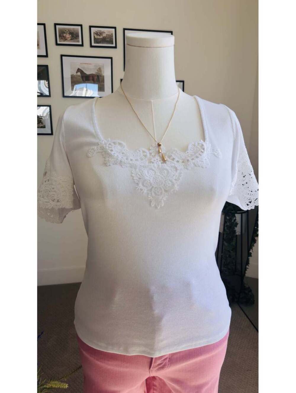 On 34th White Lace Trim Ribbed Short Sleeve Top - Size M